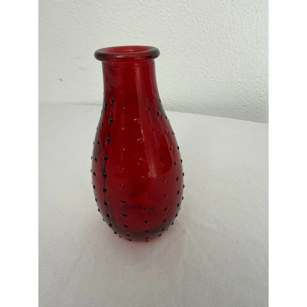 Ruby Red Glass Hobnail Bud Vase Textured Bubble Glass 5.5 Inch Decorative Decor